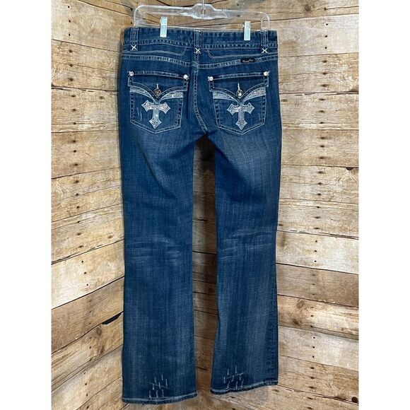 ROCK AND ROLL COWGIRL LOW RISE DISTRESSED BOOTCUT WESTERN BLING RODEO JEANS - Picture 2 of 14